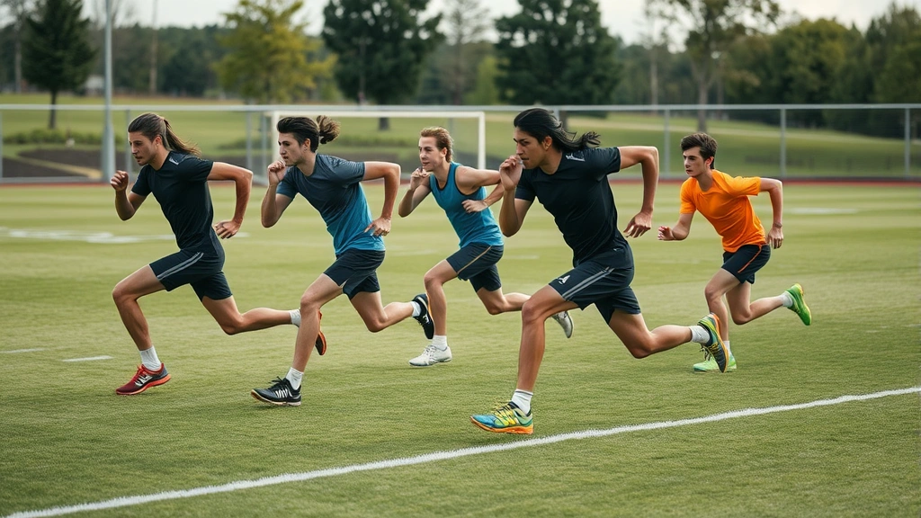 Team of athletes performing high-intensity sprint intervals on grass field with controlled recovery periods between efforts showing maximum effort conditioning work