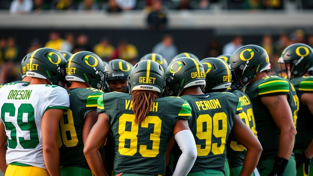 Football team unified in huddle wearing Oregon gear showing camaraderie and mental focus during pre-game preparation with intense concentration and team cohesion