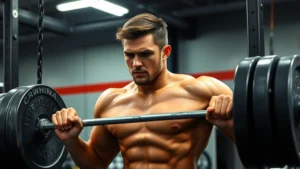 College football player performing explosive power clean with heavy barbell in professional weight room, intense facial expression, dynamic lifting position, sweat visible