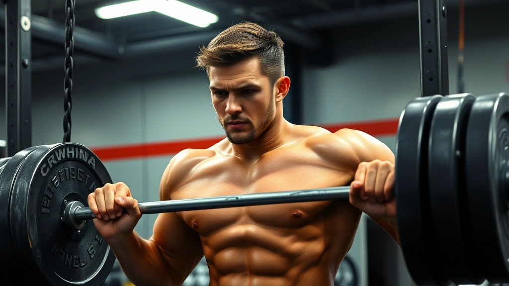 College football player performing explosive power clean with heavy barbell in professional weight room, intense facial expression, dynamic lifting position, sweat visible
