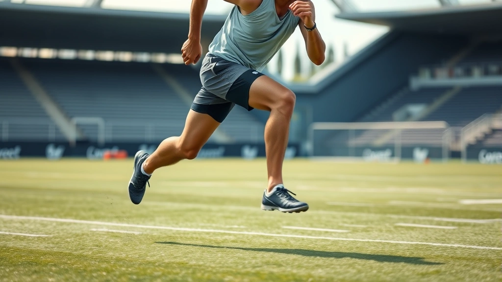 Athlete sprinting at maximum speed on outdoor grass field during conditioning drill, muscular legs driving forward, focused determination, stadium background blurred
