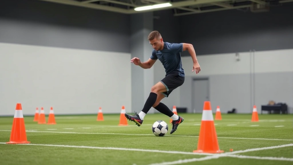 Football player performing lateral agility drill with cones, cutting sharply mid-movement, athletic stance, professional training facility, bright lighting