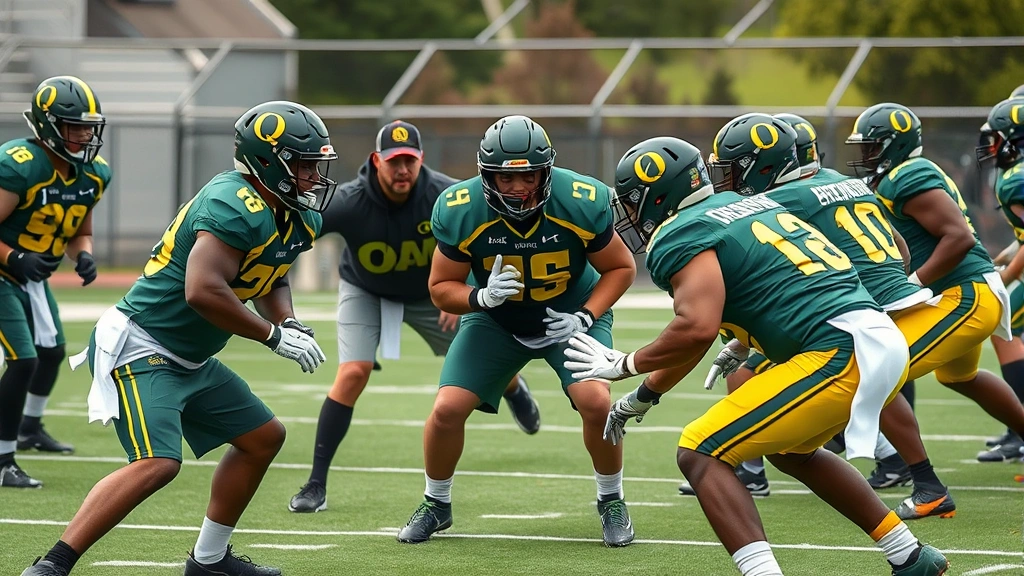 Professional football players in Oregon Ducks uniforms during intense practice drills, working on offensive line techniques with coaching staff providing instruction, photorealistic outdoor practice field setting