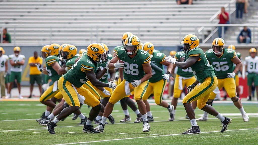 Diverse group of college football players in green and yellow uniforms performing defensive rotation drills, rotating through gap assignments during competitive practice, stadium background visible