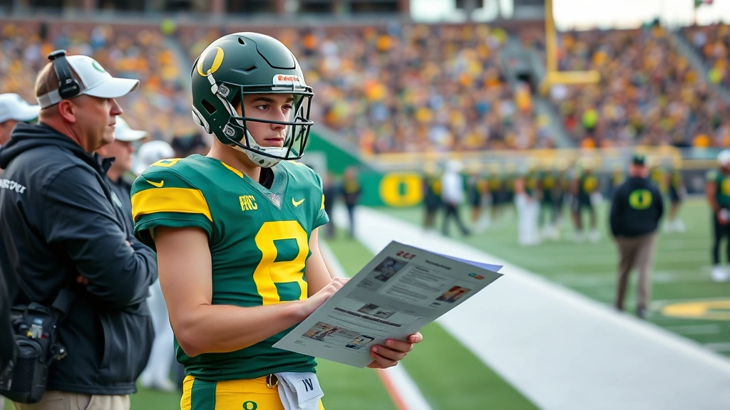 Young backup quarterback in Oregon uniform studying game film on sideline during college football game, focused and engaged with coaching staff nearby, professional stadium environment