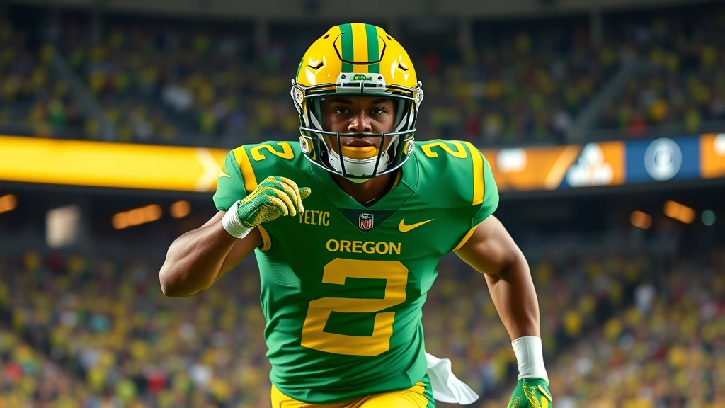 Professional athlete wearing bright kelly green and yellow Oregon football uniform with modern design, dynamic action pose during game, photorealistic sports photography, stadium lighting