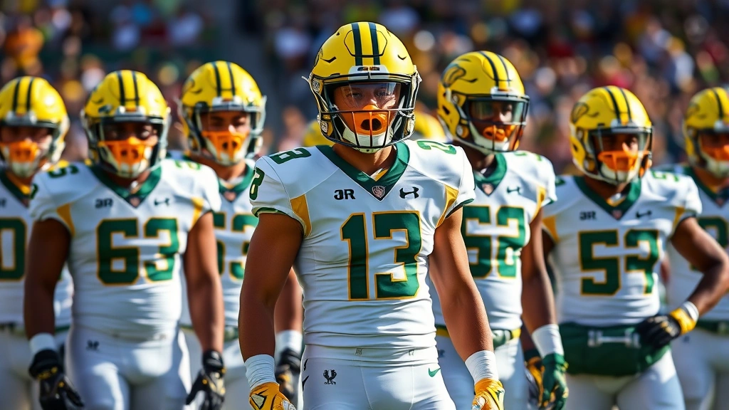 Team of Oregon Ducks football players in formation wearing innovative uniforms with distinctive helmet designs, confident athletic posture, game-day atmosphere, natural stadium lighting