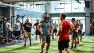 College football recruits in modern training facility with strength coaches, athletes performing resistance exercises and agility drills, bright professional gym environment with contemporary equipment