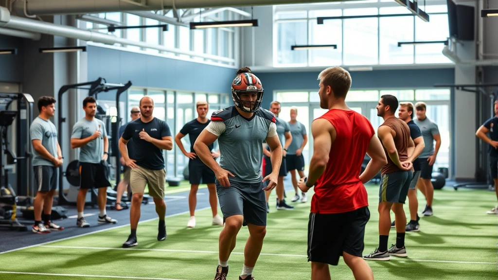 College football recruits in modern training facility with strength coaches, athletes performing resistance exercises and agility drills, bright professional gym environment with contemporary equipment