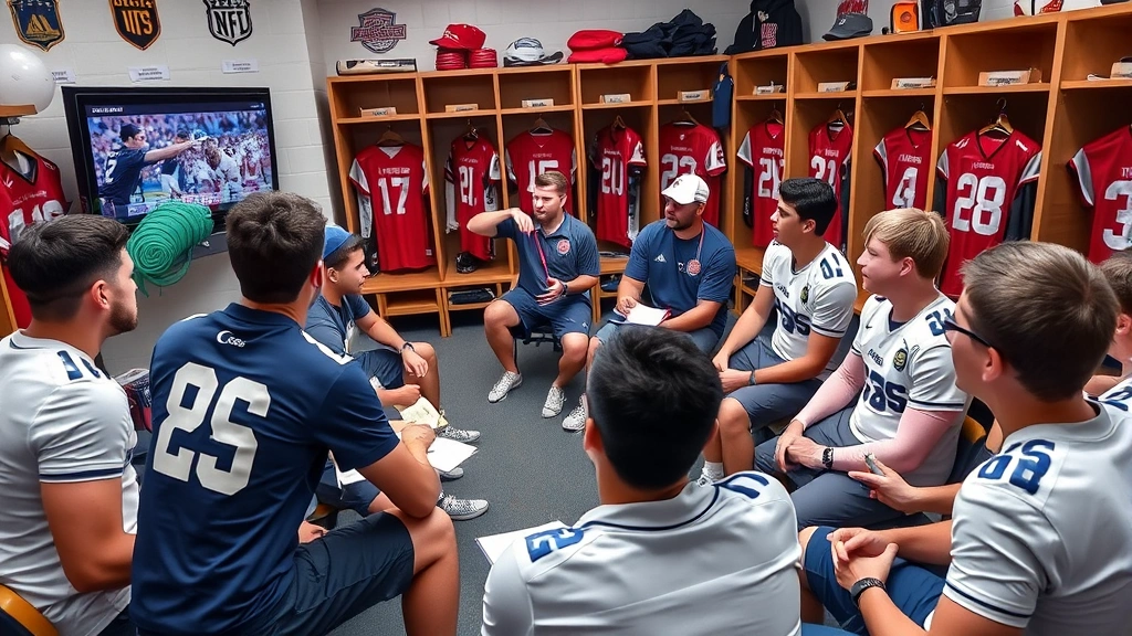 Diverse group of young athletes in team meeting with coaching staff, coaches pointing at game film on screen, players taking notes and engaged in discussion, professional locker room setting with team memorabilia