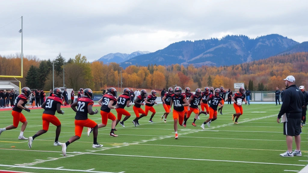 Oregon State football team running dynamic field drills on practice field, athletes executing precise movements in organized formations, coaching staff observing from sideline, autumn Pacific Northwest landscape in background