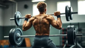 Athletic high school football player performing explosive barbell back squat with proper form, deep stance, neutral spine, intense focus, bright gym lighting with blurred background, showcasing strength training fundamentals