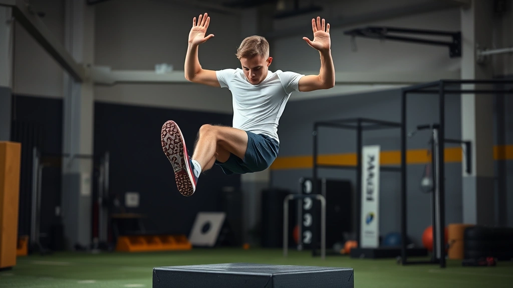 Young football athlete executing dynamic single-leg box jump with explosive power, athletic shoes planted firmly, arms driving upward, concentrated expression, modern training facility with professional equipment, demonstrating plyometric excellence