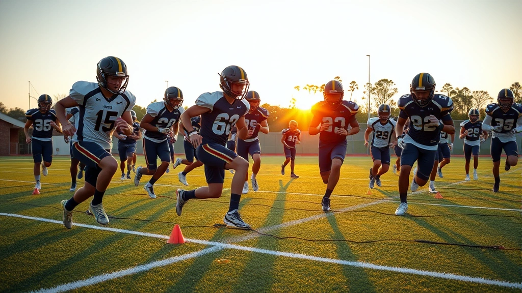 Diverse group of high school football players performing agility ladder footwork drills in outdoor practice field during golden hour, intense focus, dynamic movement through ladder pattern, cones and training equipment visible, showcasing sport-specific conditioning methodology