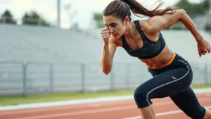 Athletic woman performing high-intensity interval training sprint workout on outdoor track, intense effort visible, sweat dripping, motion blur showing explosive power and speed