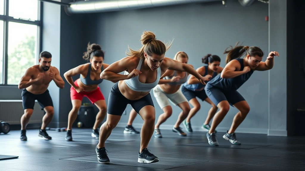 Group of diverse athletes doing maximum effort burpees during HIIT workout class, explosive movement captured mid-rep, intense focus and athletic conditioning visible