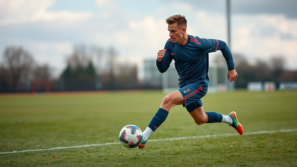 Professional soccer player performing explosive sprint acceleration on grass field during high-intensity training, athletic power demonstration