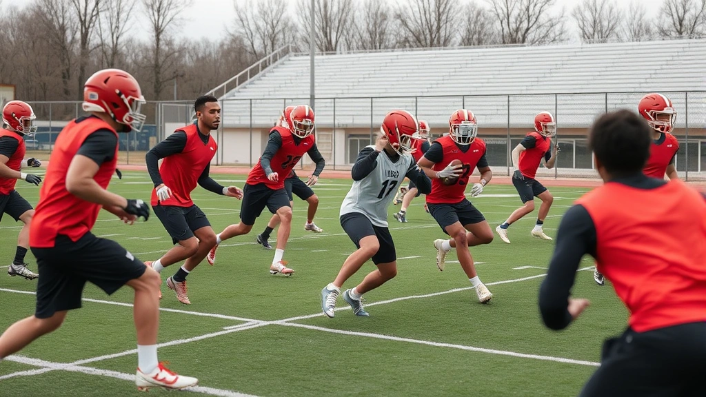 Elite football team conducting structured conditioning drill with multiple players performing rapid directional changes and lateral movements