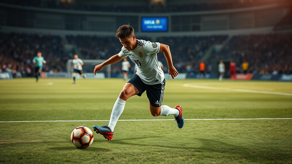 International soccer match moment capturing player at maximum intensity sprinting with ball control, competitive match performance focus