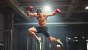 Athletic male tight end performing explosive box jump in modern gym, muscles engaged, dynamic jumping motion, professional sports lighting