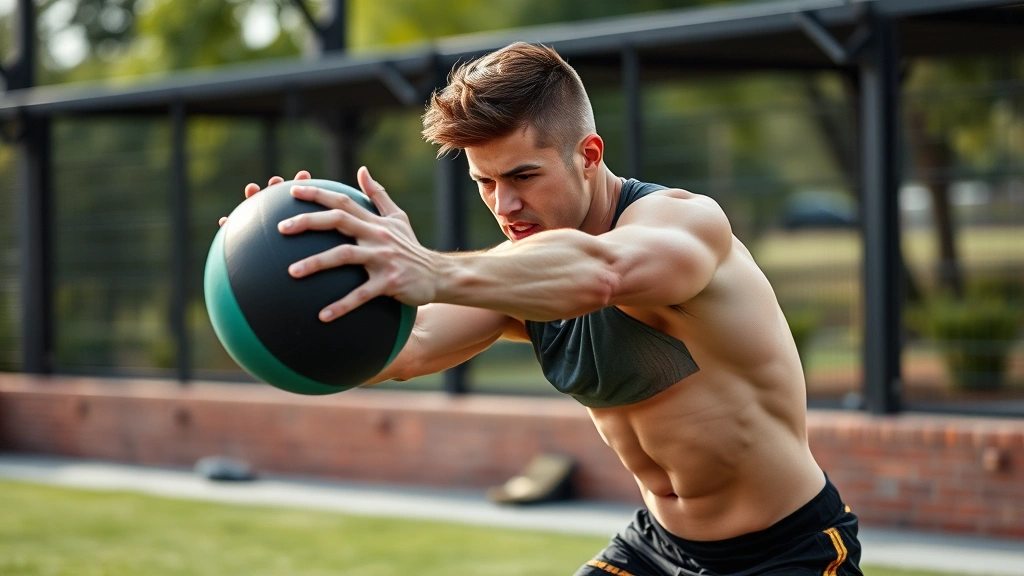 Fit athlete performing medicine ball rotational slam exercise with explosive power, core engagement visible, dynamic athletic movement, outdoor training setting
