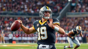 College football quarterback throwing football with perfect form during competitive game, dynamic action shot with crowd blur in background, professional stadium lighting