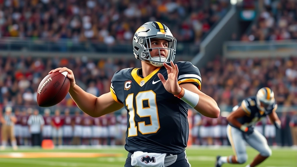 College football quarterback throwing football with perfect form during competitive game, dynamic action shot with crowd blur in background, professional stadium lighting