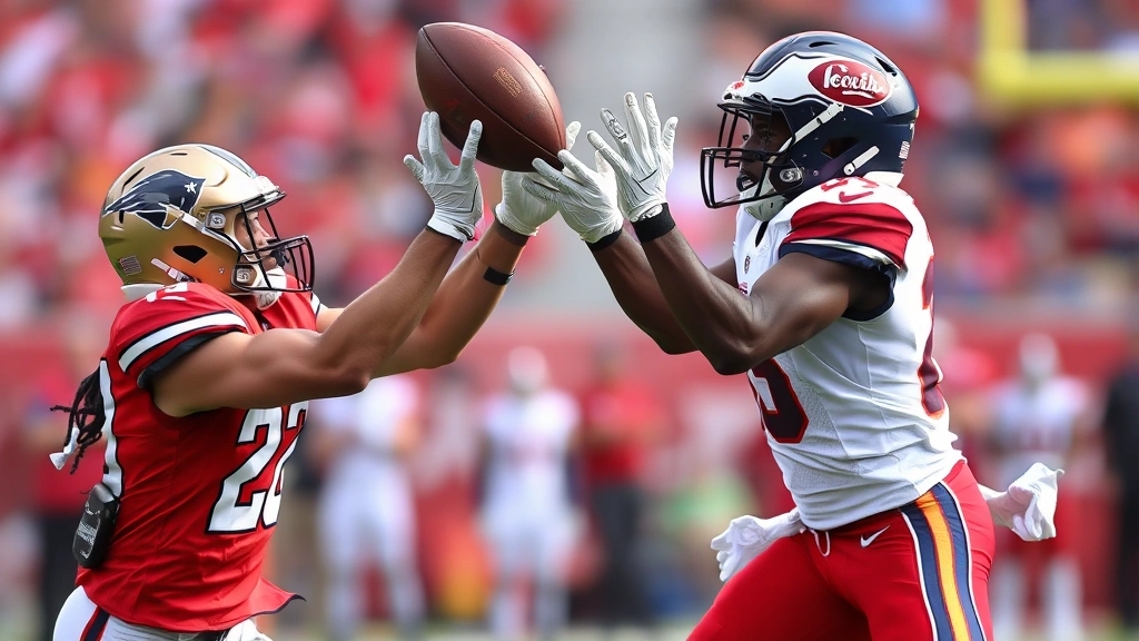 Secondary cornerback defending wide receiver in contested catch situation, physical coverage demonstration with both players competing for football in air