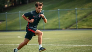 Professional footballer performing explosive sprint during high-intensity interval training session on grass pitch, dynamic motion captured mid-stride with intense focus, sweat visible, natural daylight conditions