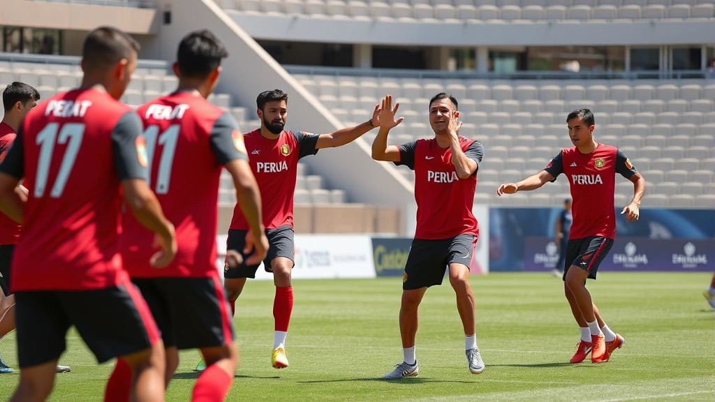Professional football players in Peru red jerseys performing high-intensity passing drill on manicured grass pitch, focused intensity, daylight stadium setting