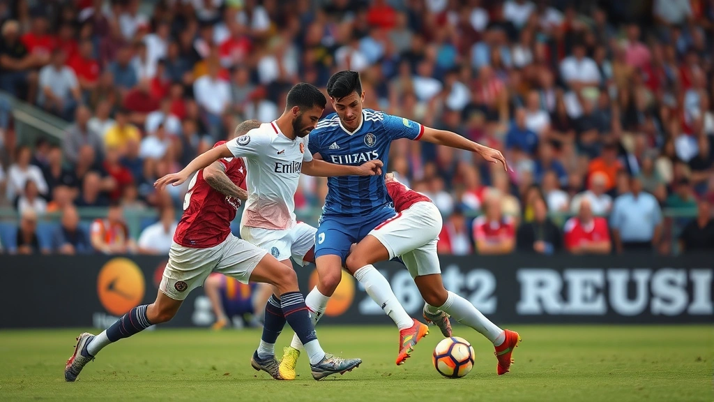 International football match tactical action showing defenders in defensive positioning, physical challenge for possession, authentic match conditions with crowd blurred background
