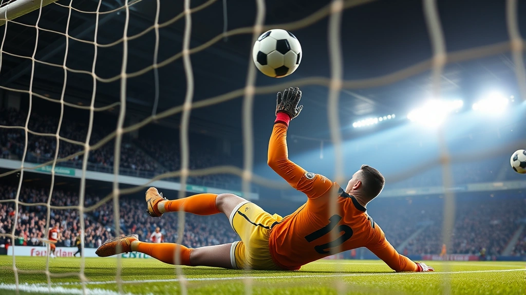 Football goalkeeper making diving save, athletic explosive movement, professional stadium lighting, intense match moment captured mid-action