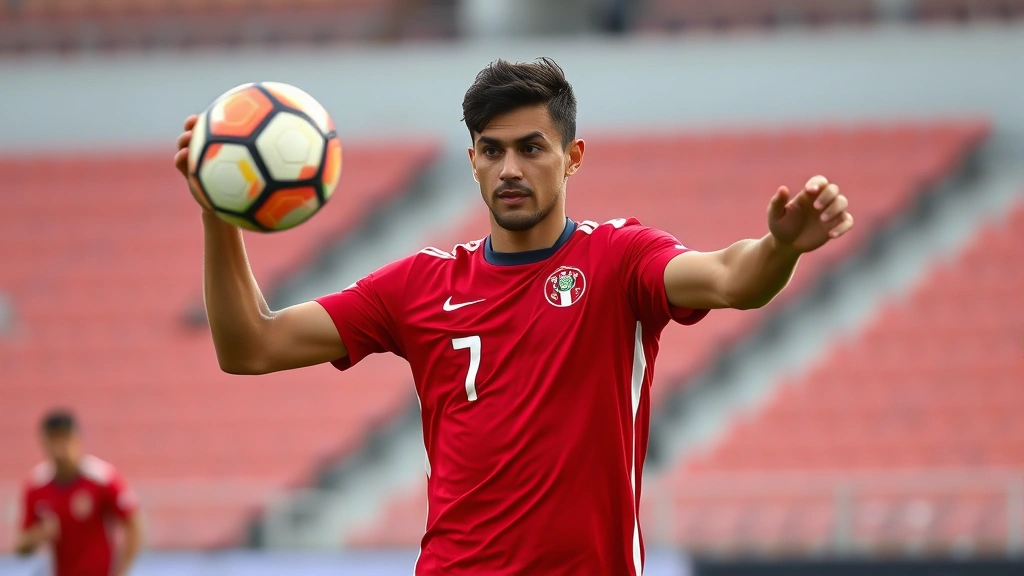 Professional football player in Peru national team red jersey performing precise passing drill during high-intensity training session, focused expression, stadium background