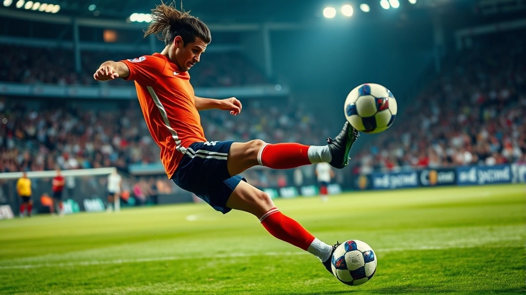 Athletic soccer player executing powerful strike during competitive match, displaying explosive leg strength and core engagement, dynamic motion captured mid-action
