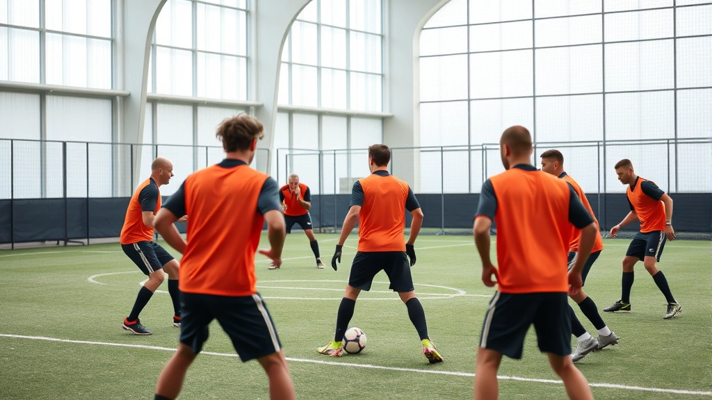 Football team players in tactical formation during strategic practice session, demonstrating positioning drills and competitive match simulation in modern training facility