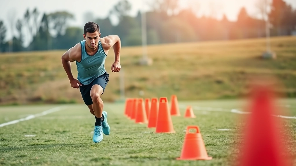Professional male athlete performing intense sprinting drill on outdoor grass training field with cones, showing explosive athletic movement and muscular definition