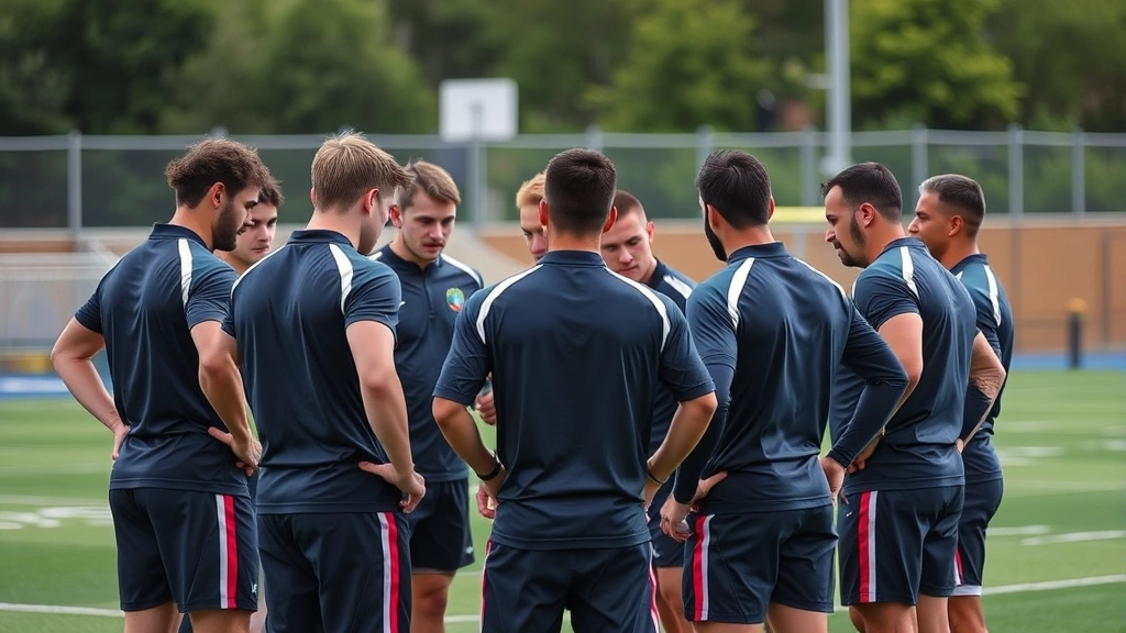 Team huddle with multiple athletes in professional training kit discussing tactical strategy and game plan outdoors on sports field