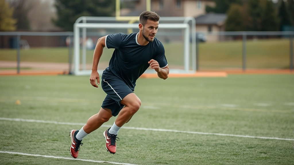 Professional male football player performing intense sprint training on grass field, sweat visible, maximum effort expression, outdoor athletic facility setting, dynamic action photography