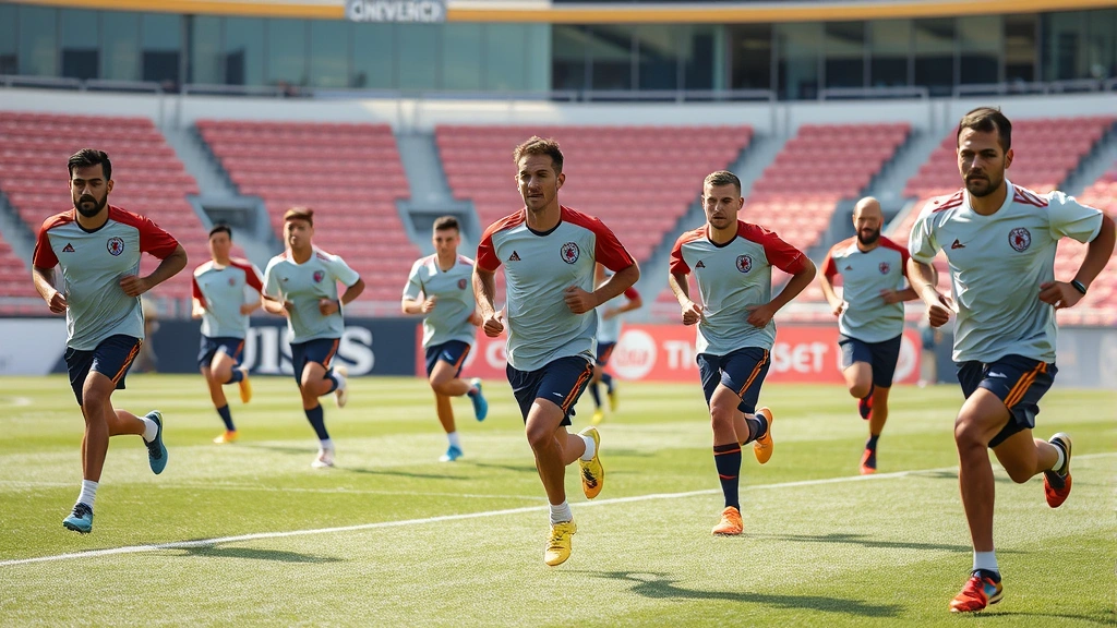 National team players conducting high-intensity interval training drills, multiple athletes running at maximum speed on pitch, professional stadium background, daylight conditions, competitive intensity captured