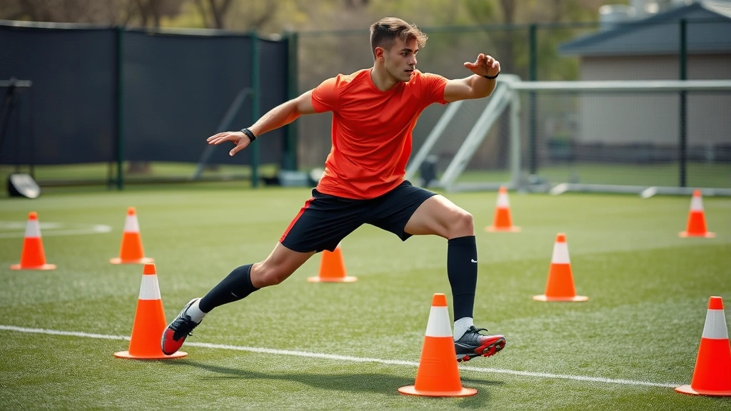 Elite footballer executing explosive directional change and acceleration movement, agility cone training setup, professional athletic wear, outdoor training facility, captured mid-movement showing power and technique