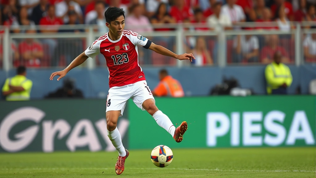 Professional footballer in Peru national team red and white striped jersey executing a precise passing technique during international match, dynamic action shot showing technical skill and concentration