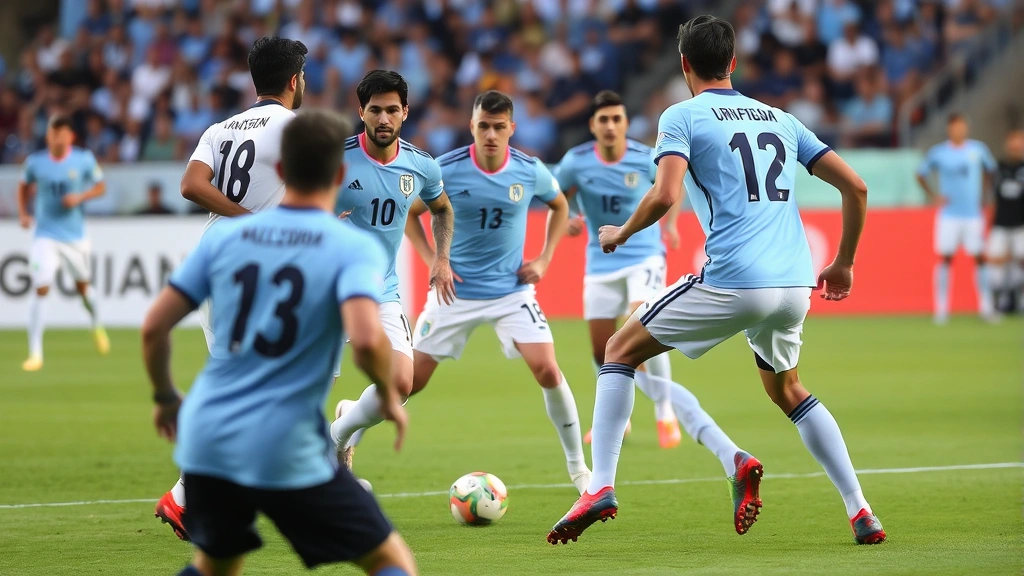 Uruguay national football team players in light blue jerseys demonstrating defensive organization and tactical positioning during competitive international football match with intense focus