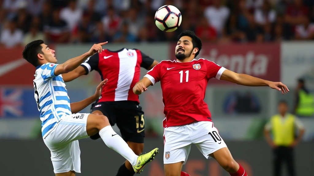 Two elite footballers competing for aerial ball possession during Peru vs Uruguay international fixture, showcasing physical athleticism, positioning intelligence, and professional-level football competition