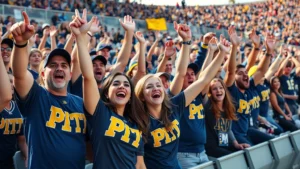 Enthusiastic college football fans cheering in stadium stands wearing blue and gold Pitt Panthers colors, arms raised in celebration, natural daylight, crowded bleachers, genuine excitement on faces