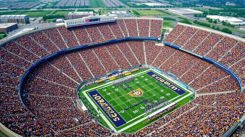 Aerial view of crowded football stadium filled with spectators during game, blue and gold team colors prominent, field visible below, thousands of fans creating vibrant scene, daylight conditions