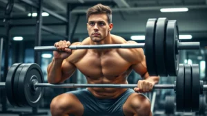 Muscular college football player performing heavy barbell squat with perfect form in modern strength training facility, intense focused expression, athletic physique, professional gym setting