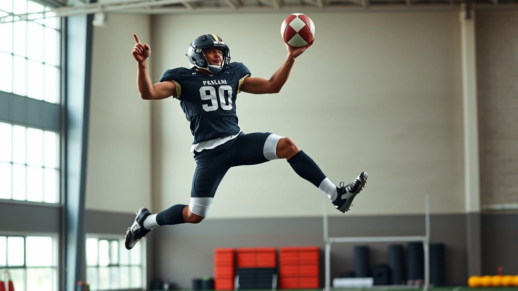Dynamic football player exploding upward during vertical jump training drill, explosive power demonstration, athletic facility background, professional sports photography