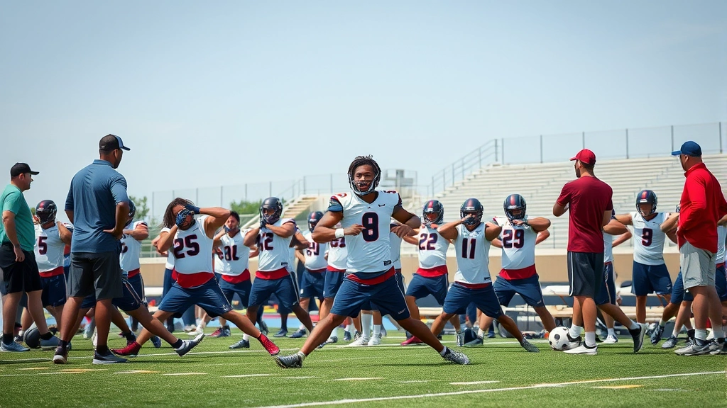 Diverse college football team stretching and doing recovery work together on field, post-training session, coaches observing, natural daylight, team bonding atmosphere