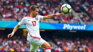 Professional footballer in Polish national team white jersey executing precise passing movement during international match, stadium crowd visible in background, dynamic action shot showing ball control and technical skill