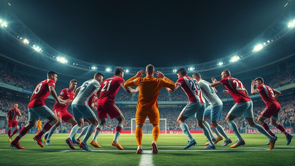 Intense defensive block of players in compact formation, goalkeeper commanding penalty area, organized shape preventing attacking opportunities, international match atmosphere with stadium lighting highlighting focused concentration